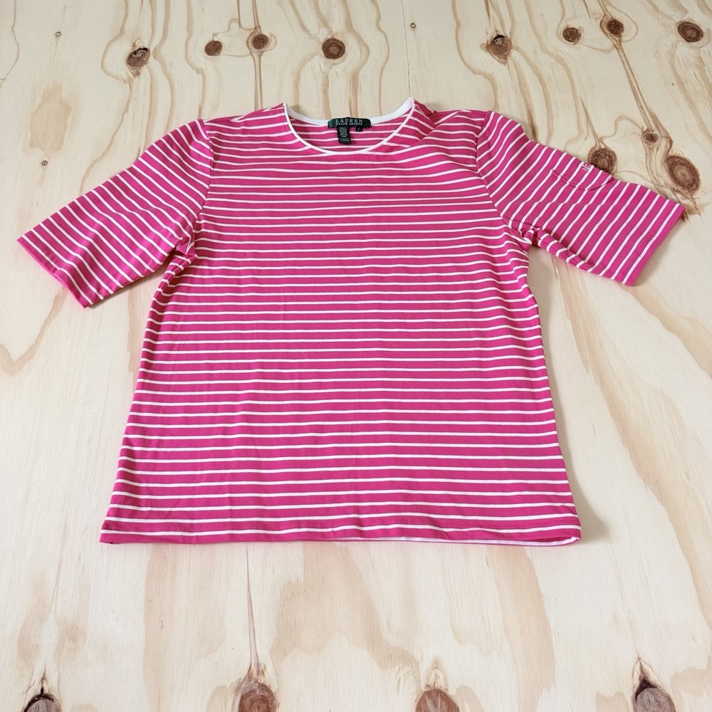Lauren Ralph Lauren Women's Large Pink White Striped Knit Top
